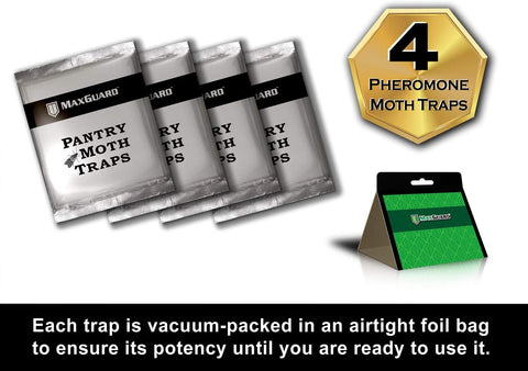 MaxGuard Pantry Moth Traps (4 Traps Trial Pack) Extra Strength Pheromones | Non-Toxic Sticky Glue Trap for Food and Cupboard Moths in Your Kitchen | Trap and Kill Seed Grain Flour Meal Moths |