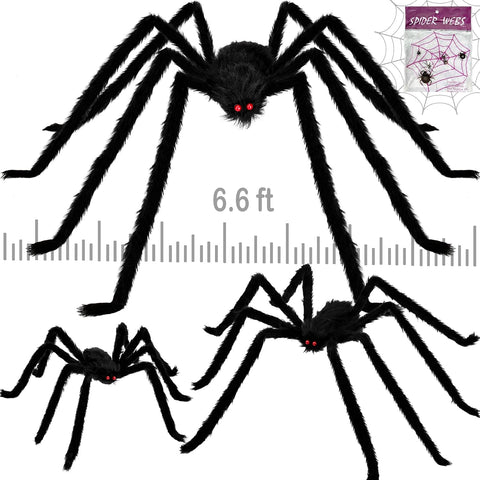3 Pcs Giant Halloween Spider Decorations Set, Realistic Black Hairy Spiders