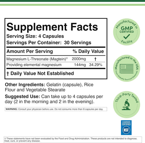 Magnesium L-Threonate 2,000mg Per Serving Magtein, Sleep Support, 120 Caps