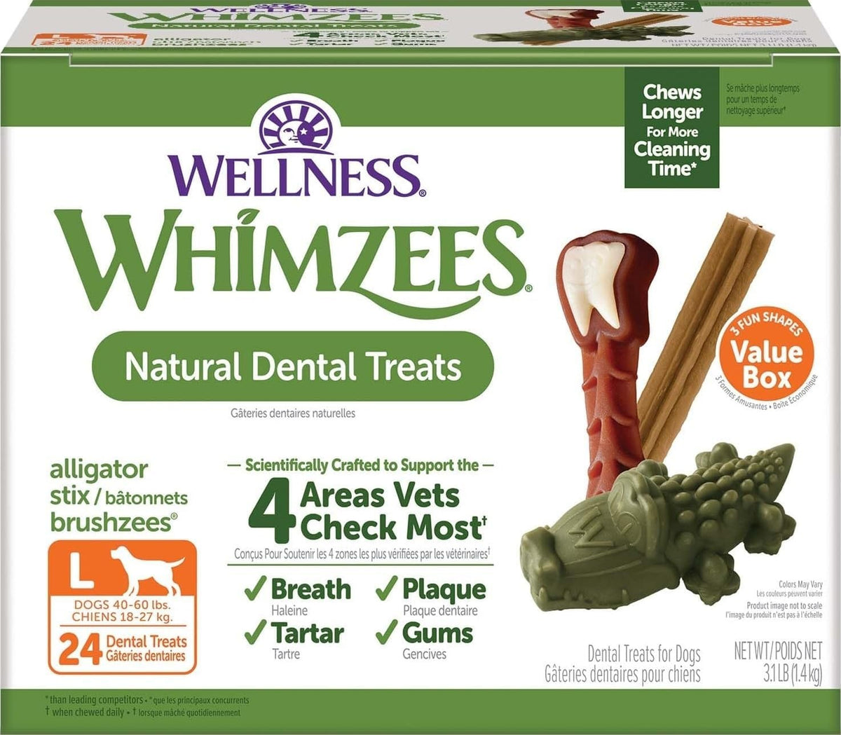 Wellness WHIMZEES Value Pack Natural Dog Dental Treat, Chews, Freshens Breath, Large Size, 50.9 oz Box, 24 Count