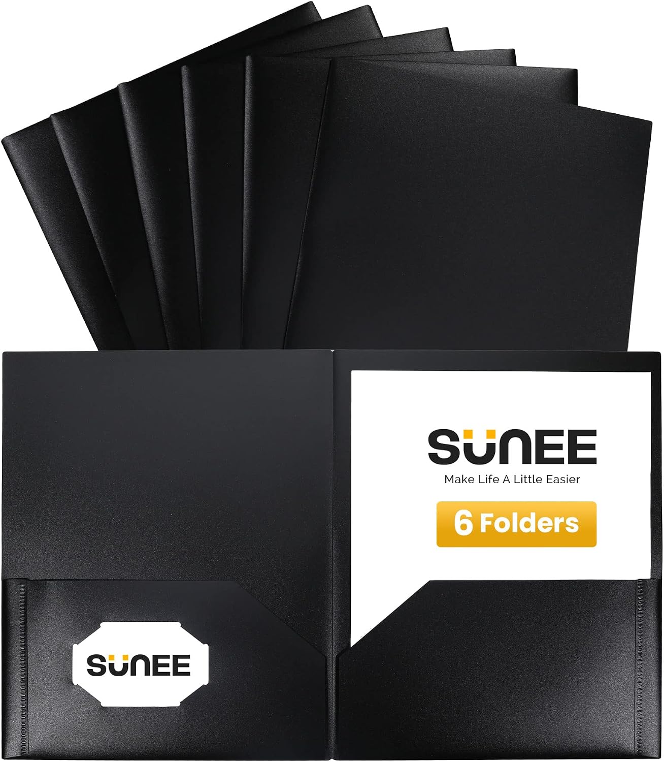 SUNEE 2 Pocket Folders (6 Pack, Black) Heavy Duty Plastic Folders with Pockets Fit Letter-Size Papers, Two-Pocket Poly Folder Bulk for School, College, Office