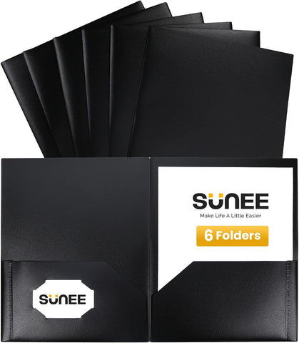 SUNEE 2 Pocket Folders (6 Pack, Black) Heavy Duty Plastic Folders with Pockets Fit Letter-Size Papers, Two-Pocket Poly Folder Bulk for School, College, Office