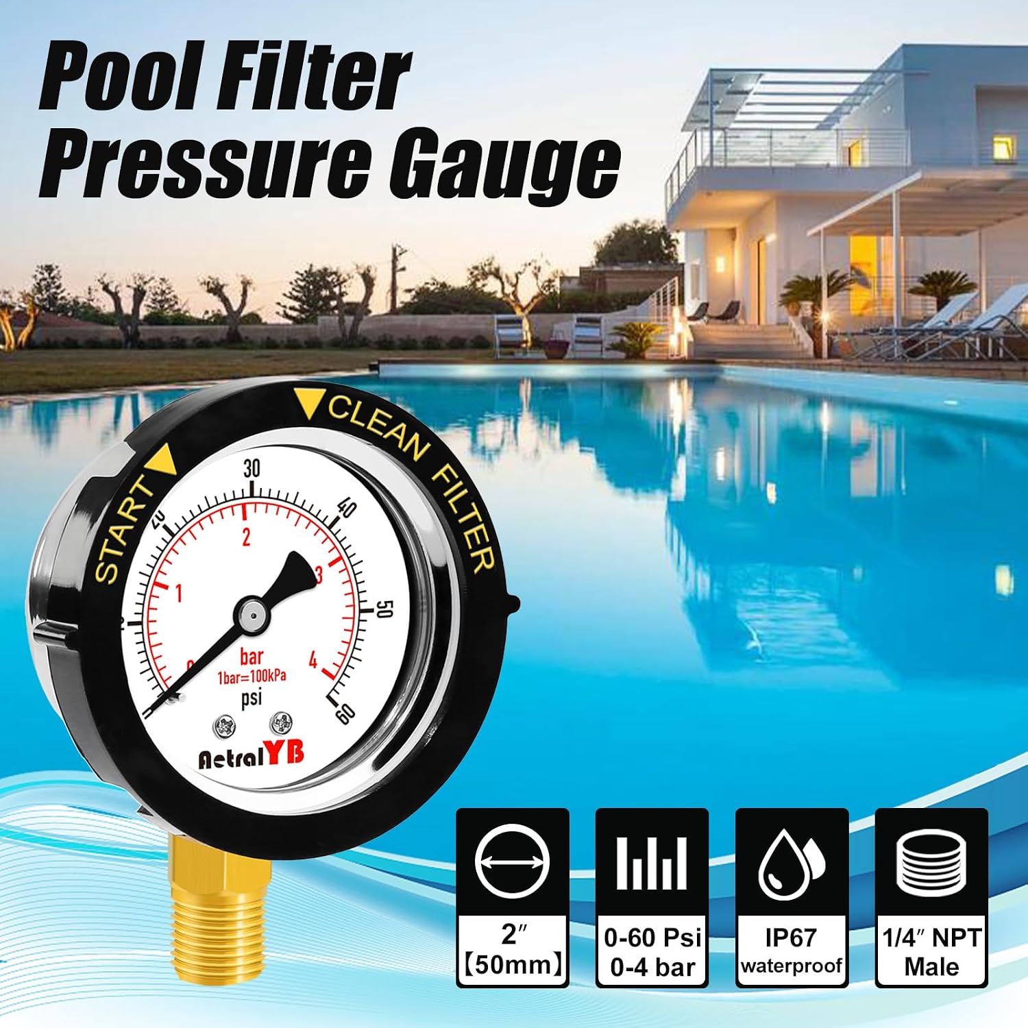 60Psi Pool Filter Pressure Gauge, IP67 Waterproof,2" Dial,1/4NPT