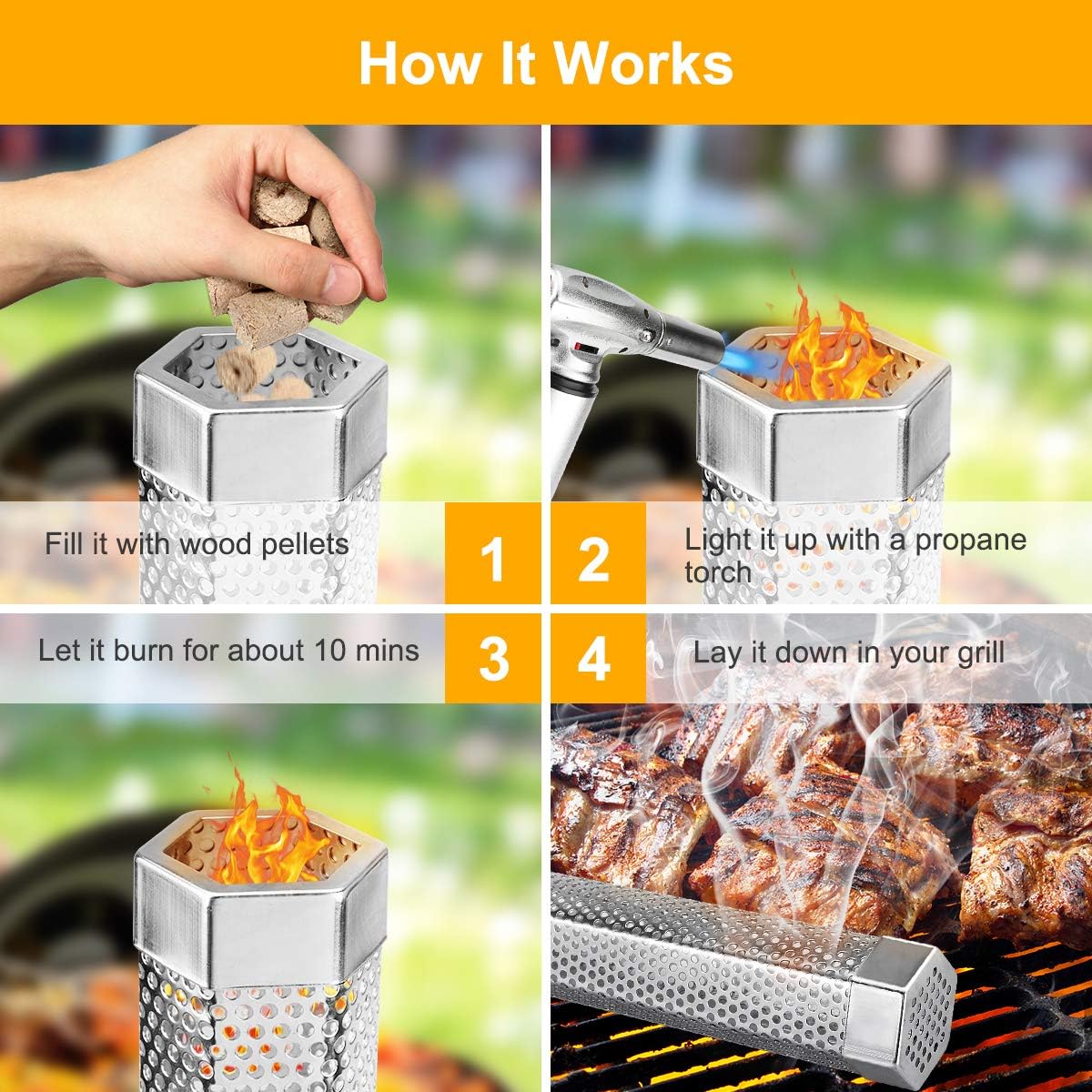 2 Pack 12'' Stainless Steel Pellet Smoker Tube, with Brush and Hooks