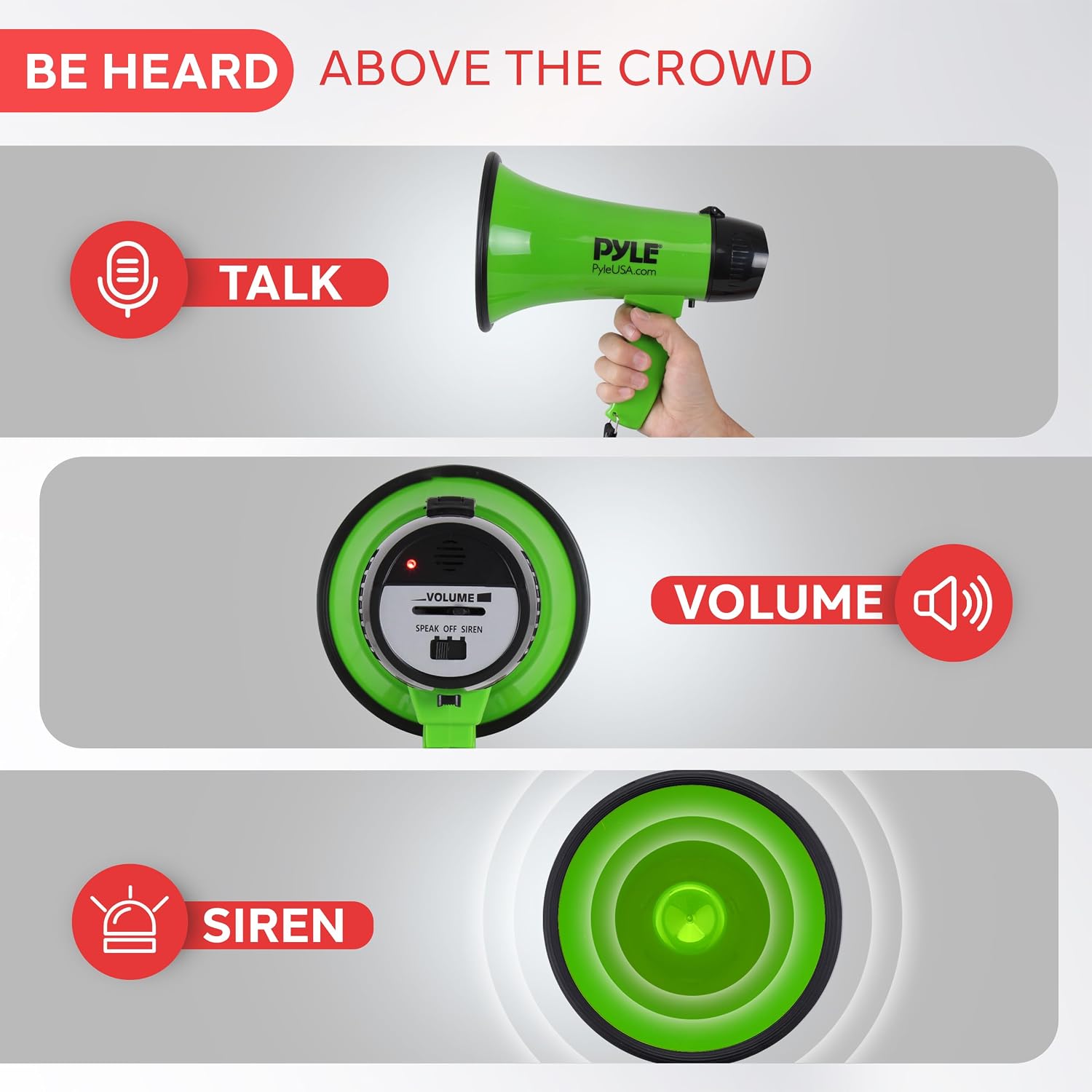 Pyle Compact 20-Watt Megaphone Speaker with Microphone, Siren, Bullhorn - Battery Operated, Foldable Handle, 2 Modes, 1000 Yards Range - Perfect for Cheerleading, Police, Football, and more - Green