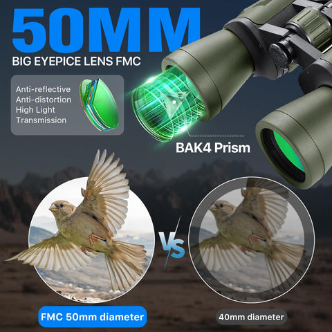 20x50 Hunting Binoculars for Adults High Powered with Low Light Night Vision - 28mm Large Eyepiece Professional Binoculars for Bird Watching Hiking Travel with BAK4 Prism FMC Lens, Green