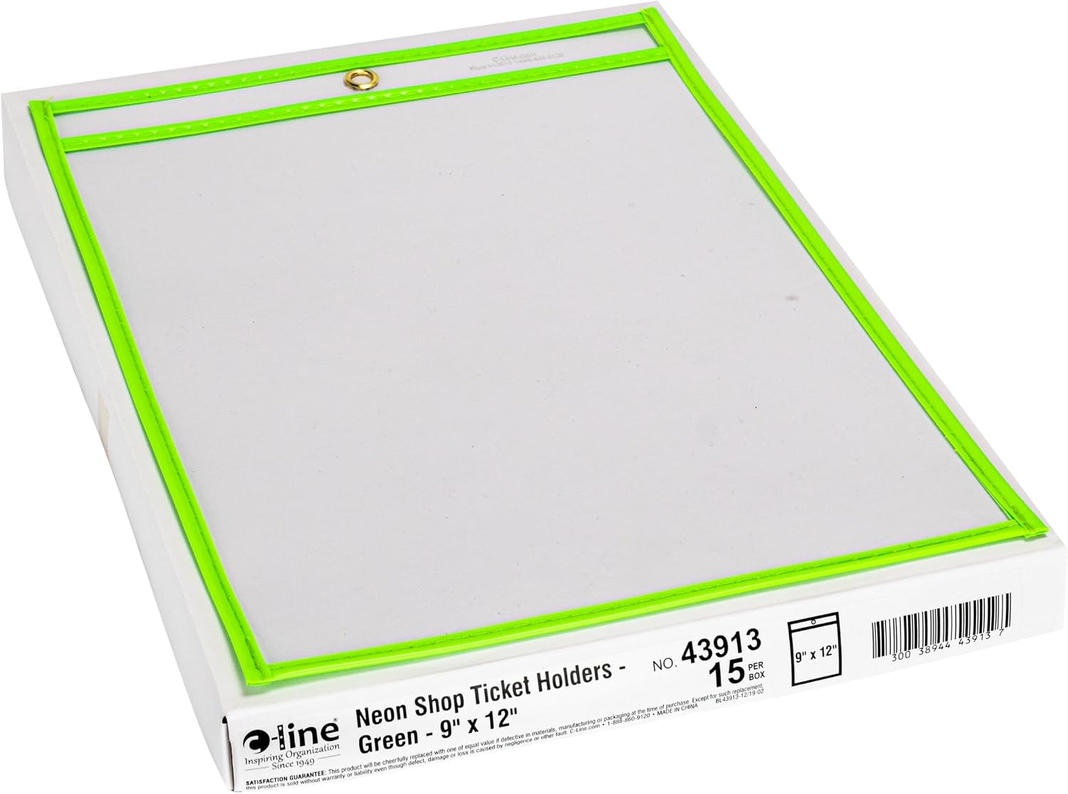 C-Line Neon Stitched Shop Ticket Holders, Green, Both Sides Clear, 9 x 12 Inches, 15 per Box (43913)