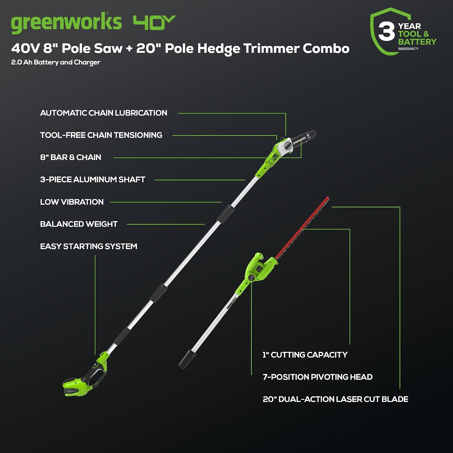 Greenworks 40V 8 in Pole Saw Hedge Trimmer Kit, 2.0 Ah Battery and Charger