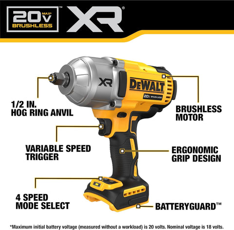 DEWALT 20V MAX Cordless Impact Wrench, 1/2 Impact Gun, 4-speed High torque with Hog ring anvil and LED light, Brushless motor, Precision Wrench, tool Only (DCF900B)
