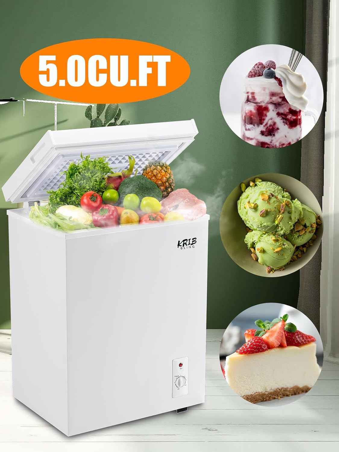 Krib Bling 5.0 Cu.Ft Chest Freezer with a Removable Basket, Deep Freezer with 7 Gears Temperature Control (-16F to -48F), for House, Kitchen, Garage, Basement, Shop, White