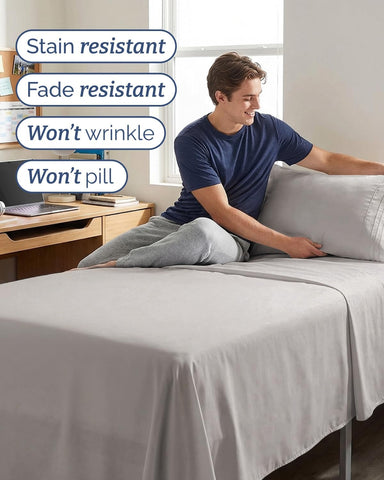 Twin XL 3 Piece Sheet Set - College Dorm Room Essentials - Light Grey