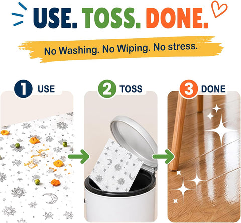 60 Pack Disposable Splat Mats by Eli with Love - Extra Large 49"x49" 100% Waterproof Baby Splat Mat for Under High Chair - Plastic Mat Liner for Floor - Protect from Spills (Moon & Stars, 60 Pack)