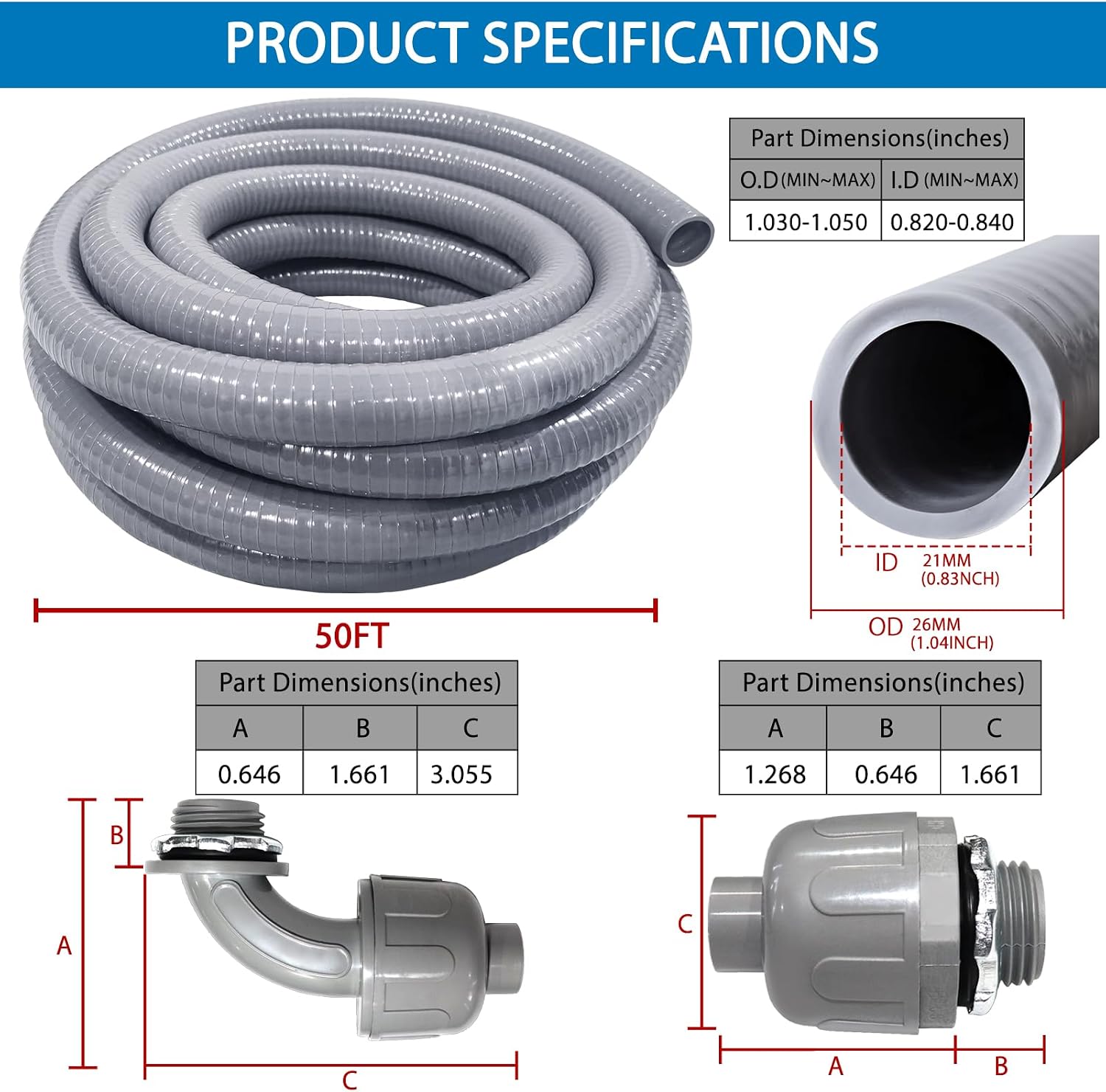 3/4" Dia Liquid Tight Conduit 50 FT,Flexible Non-Metallic