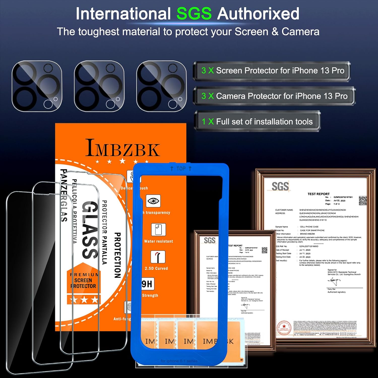 IMBZBK 3+3 Pack for iPhone 13 Pro Screen Protector, 9H+ Tempered Glass