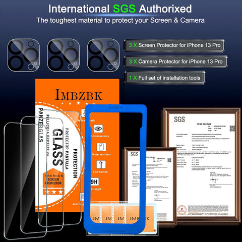 IMBZBK 3+3 Pack for iPhone 13 Pro Screen Protector, 9H+ Tempered Glass