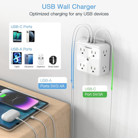 TESSAN 8 Outlet Surge Protector with 3 USB Wall Charger (1 USB C)