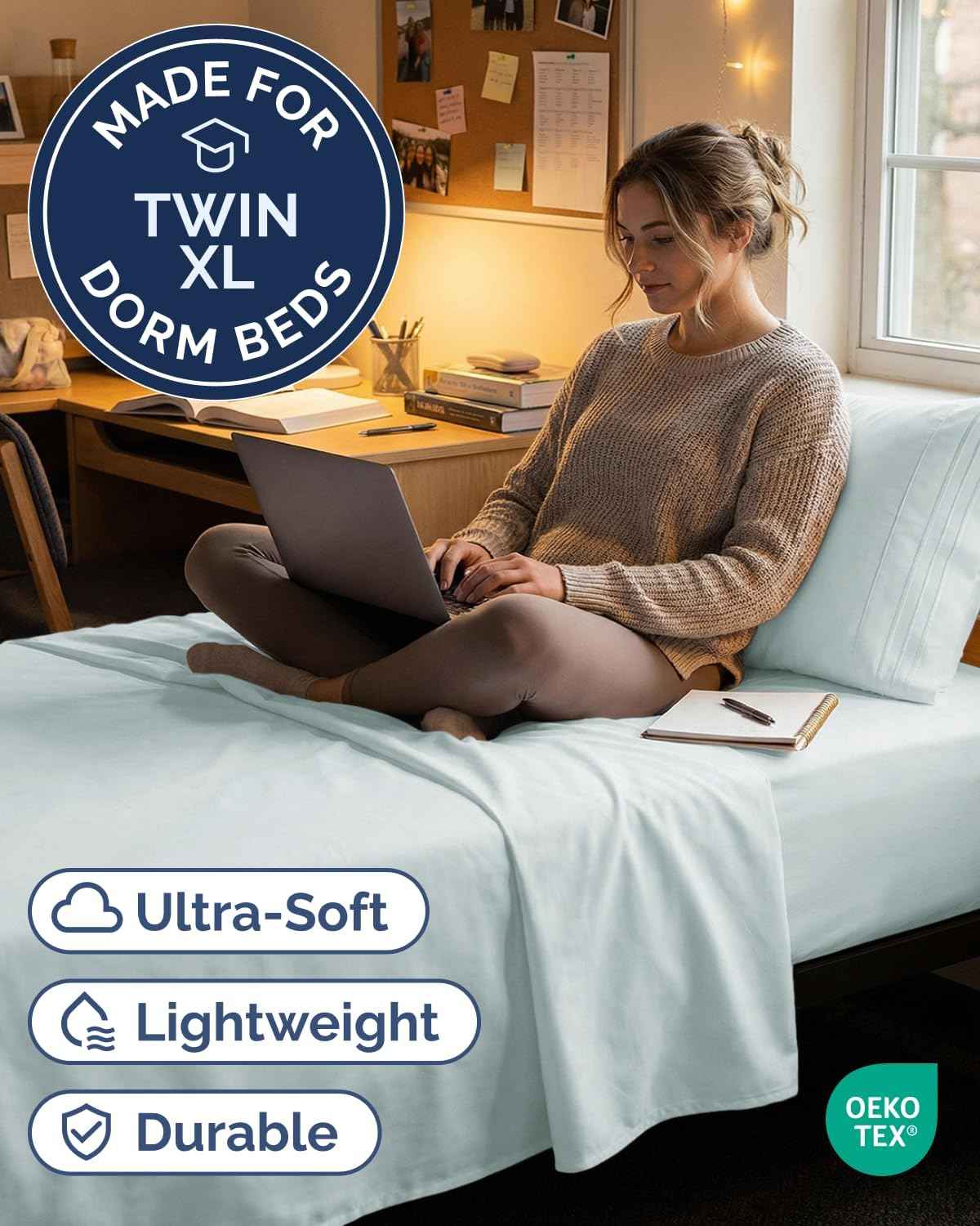 Twin XL 3 Piece Sheet Set - College Dorm Room Essentials - Ice Blue