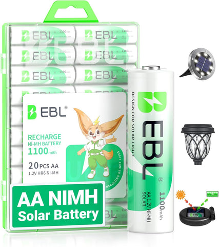 EBL 1100mAh Solar AA Batteries for Solar Lights Garden Lights 20 Pack