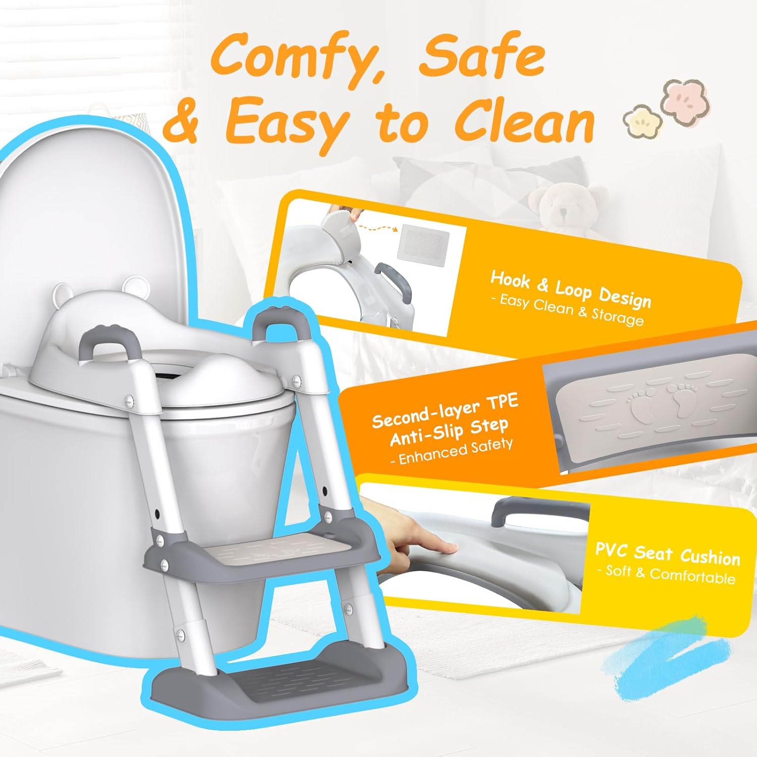 HBTower Potty Training Seat with Step Stool Ladder & Safety Handles,Grey