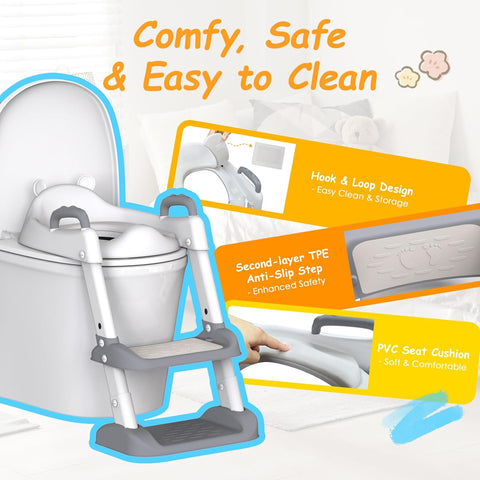 HBTower Potty Training Seat with Step Stool Ladder & Safety Handles,Grey