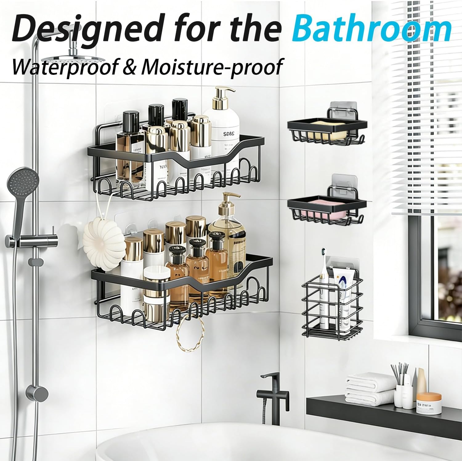 Fammart Adhesive Shower Caddy, 5-Pack Rustproof Stainless Steel Bathroom Organizer with 28 Hooks, No-Drill Large Capacity Shower Shelves for Bathroom Storage & Home Décor, Black