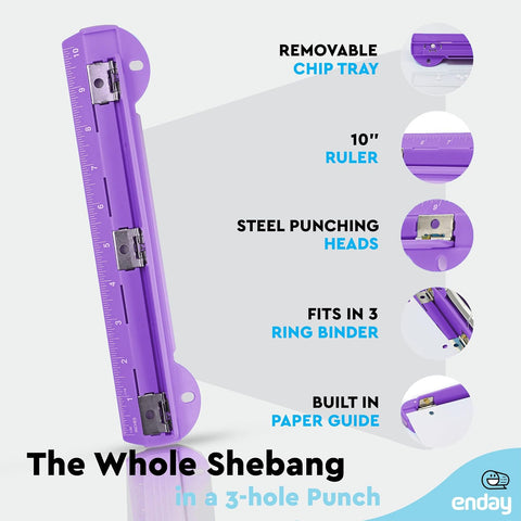 3 Hole Punch Purple, Portable Hole Puncher for 3 Ring Binder, 3 Sheets Capacity, Removable Chip Tray, 10” Ruler for School, Office, Also Available in Pink, Blue, Green, Red, Grey, 1 Pc-by Enday