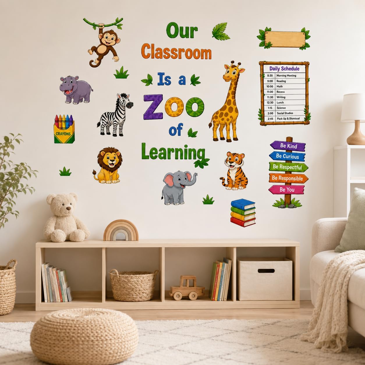 Zoo Animal Wall Stickers PVC Jungle Animal Wall Decals Tiger Elephant Giraffe Lion Monkey Wall Decor for Nursery Playroom Bedroom Classroom Kindergarten