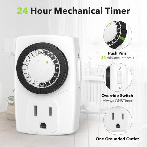 BN-LINK U47 Indoor Mini 24-Hour Mechanical Outlet Timer, 3-Prong, 2-Pack