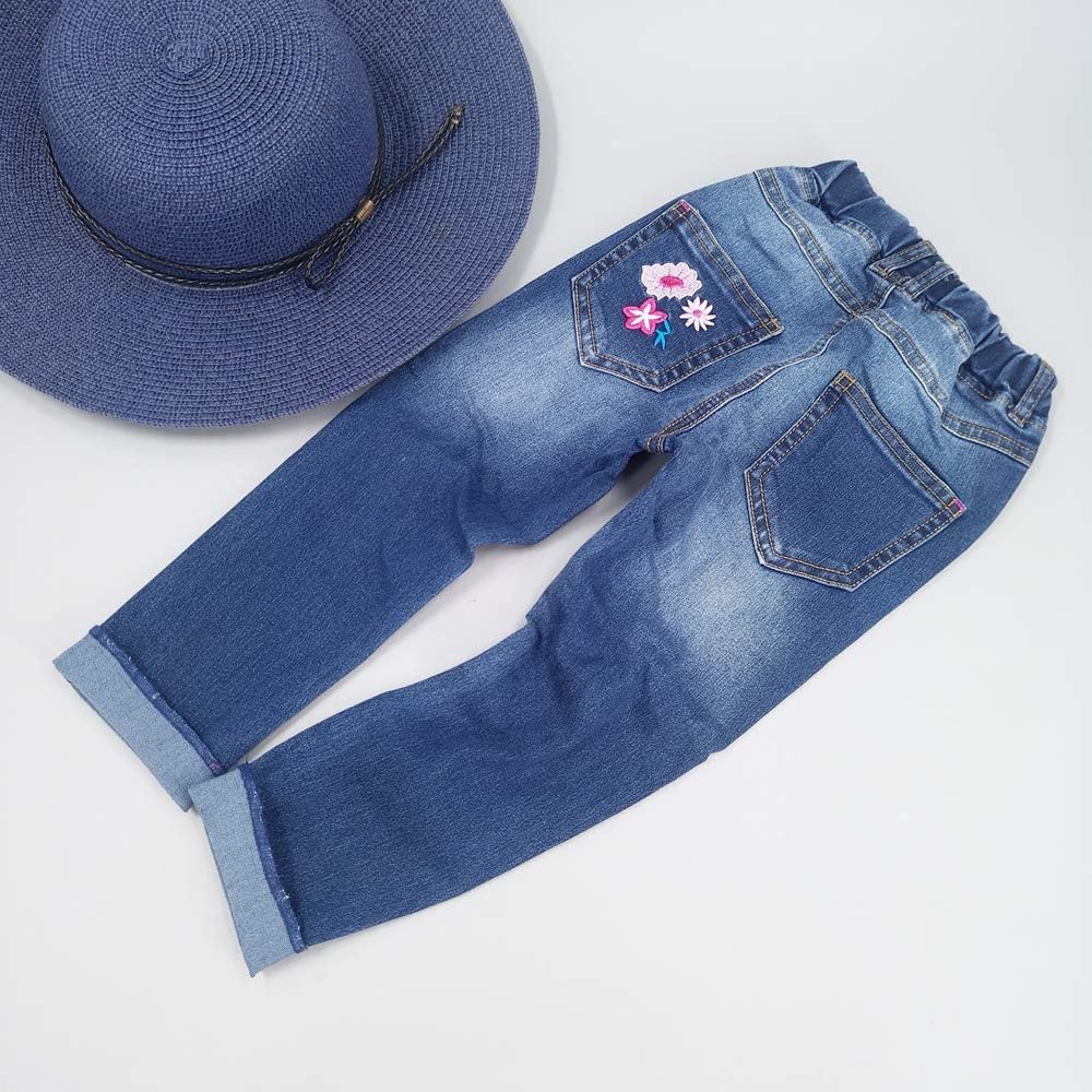 KIDSCOOL Girls Embroidered Jeans,4-15T Ribbed Elastic Waist Denim Pants