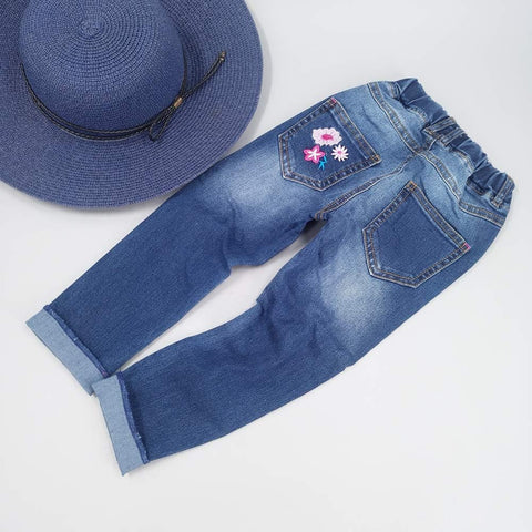 KIDSCOOL Girls Embroidered Jeans,4-15T Ribbed Elastic Waist Denim Pants