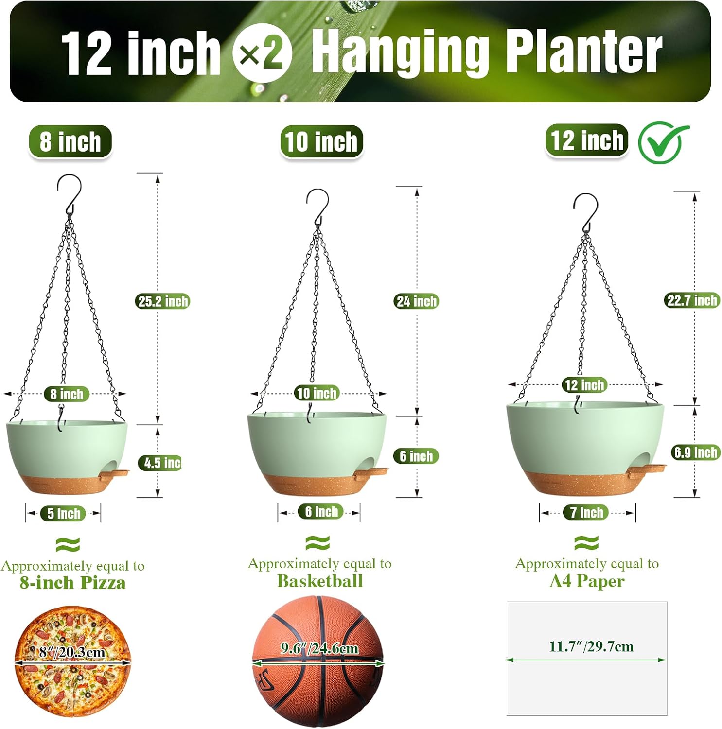 12 Inch Large Self Watering Hanging Planters 2 Pack with Saucers