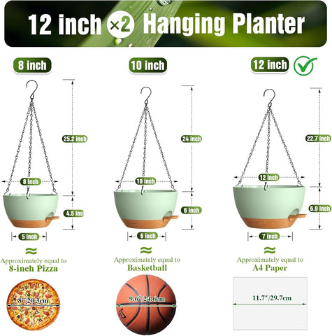 12 Inch Large Self Watering Hanging Planters 2 Pack with Saucers