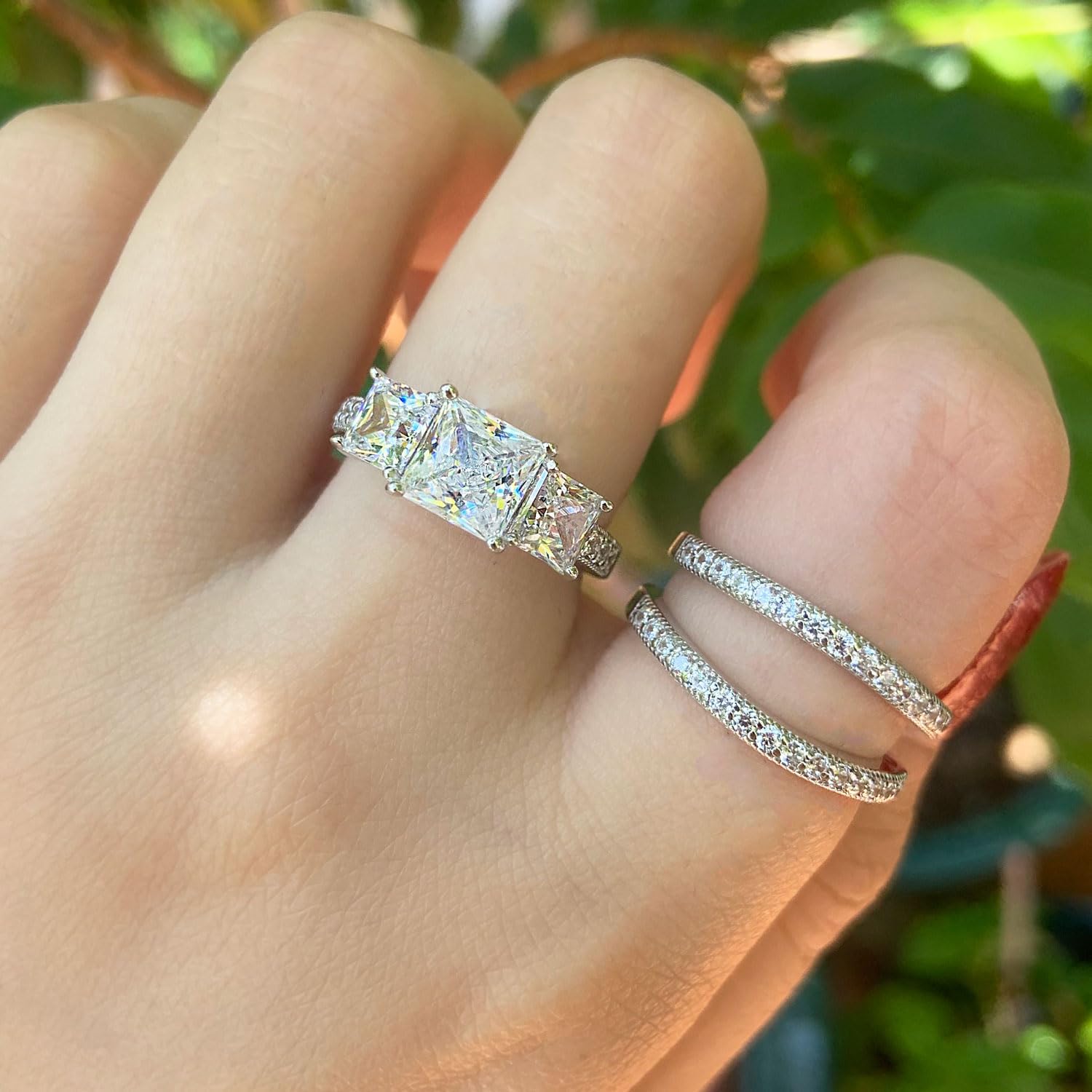 SHELOVES 925 Sterling Silver Three-Stone Princess CZ Wedding Rings Set
