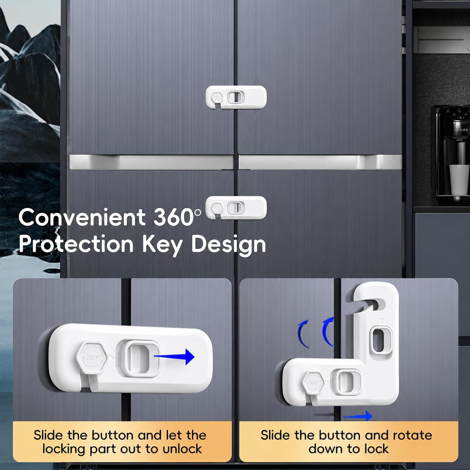 2-Pack Fridge Locks, Child Proof Refrigerator/Freezer Door Lock, Child Safety Cabinet Lock with Adhesive Pads - Freezer Latch to Keep Door Closed for Latches,Drawer,Closets,Oven (White)