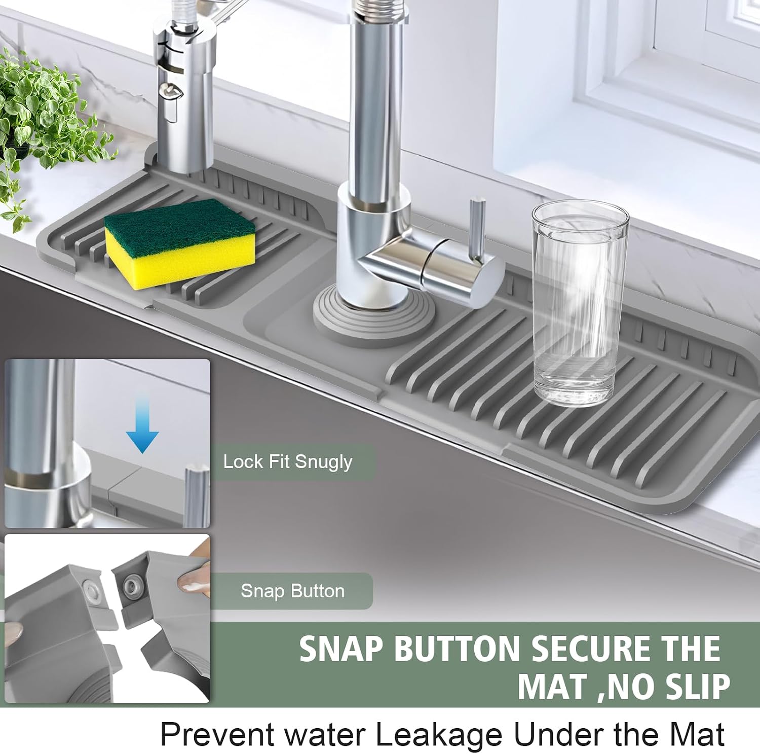 17.7-Inch Kitchen Sink Splash Guard Mat | 7° Slope for Fast Self-Draining | Snap-Lock Design | Universal & Cuttable Silicone Faucet Mat Gray