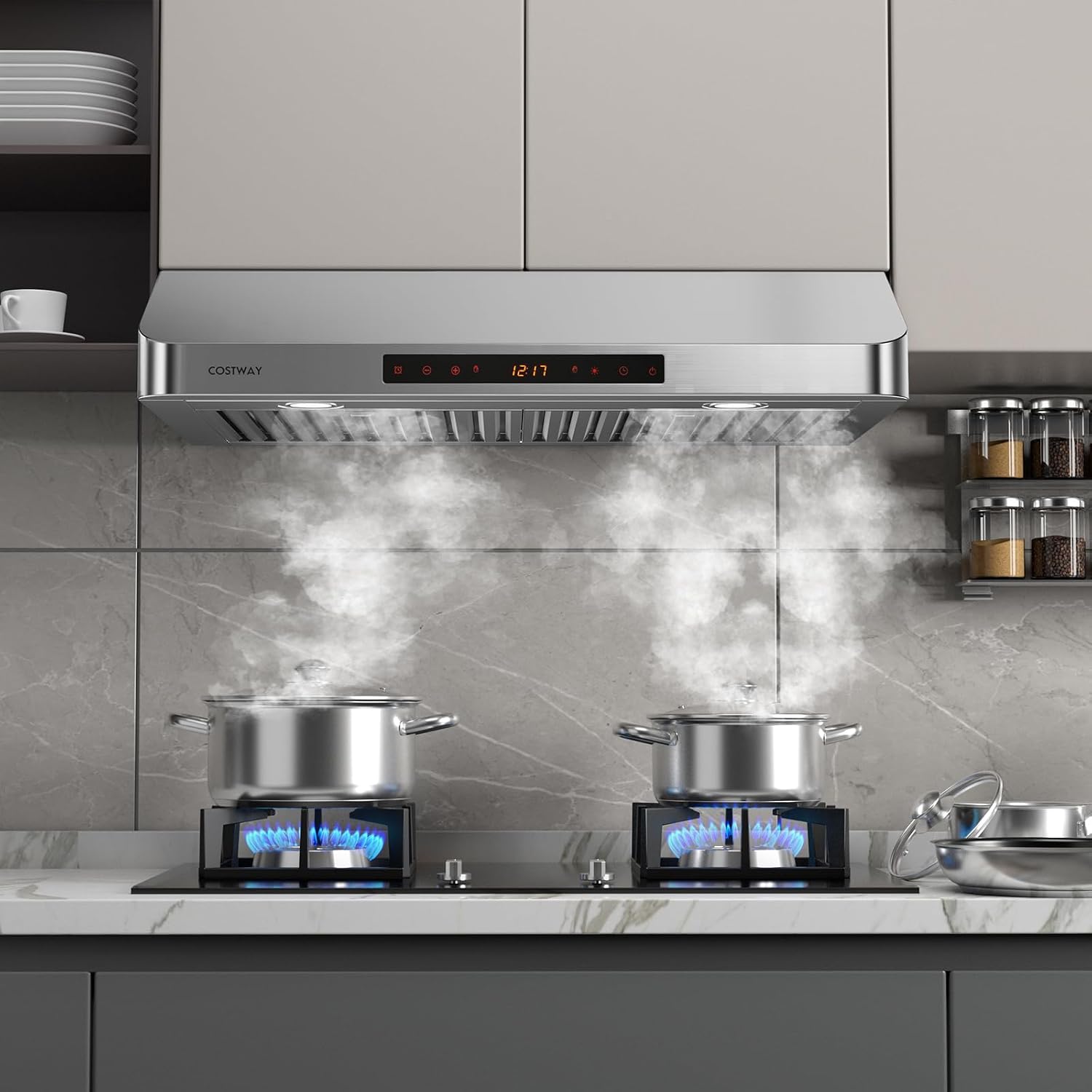 COSTWAY 30 Inch Under Cabinet Range Hood, 900 CFM Kitchen Vent w/ 4 Speed, Adjustable LED Lights & Time Setting, Gesture/Touch/Remote Control, 3 min Delay Shut-Off, with 2 Pcs Baffle Filters