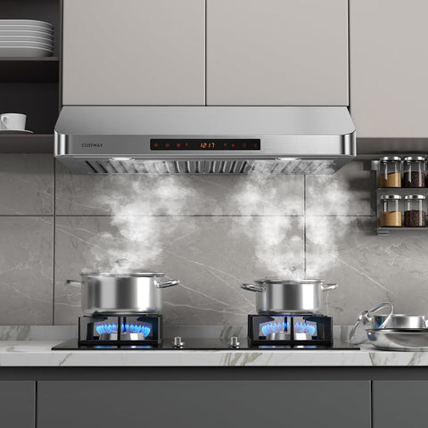 COSTWAY 30 Inch Under Cabinet Range Hood, 900 CFM Kitchen Vent w/ 4 Speed, Adjustable LED Lights & Time Setting, Gesture/Touch/Remote Control, 3 min Delay Shut-Off, with 2 Pcs Baffle Filters