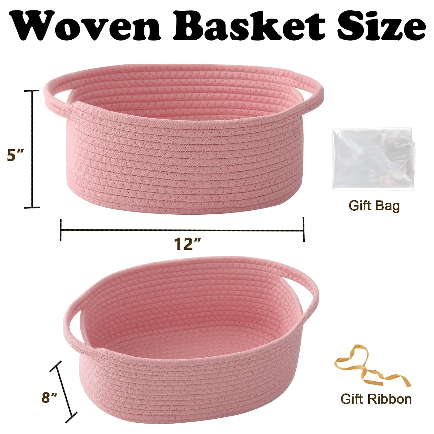 Pink Woven Rope Basket - Baby Gift Basket with Bag & Ribbon