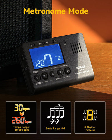 Donner Metronome Tuner for All Instruments - Guitar, Bass, Violin, Ukulele, Trumpet, Chromatic, Clarinet, Flute, 3 in 1 Digital Metronome with Tuner/Metronome/Tone Generator, DMT-01