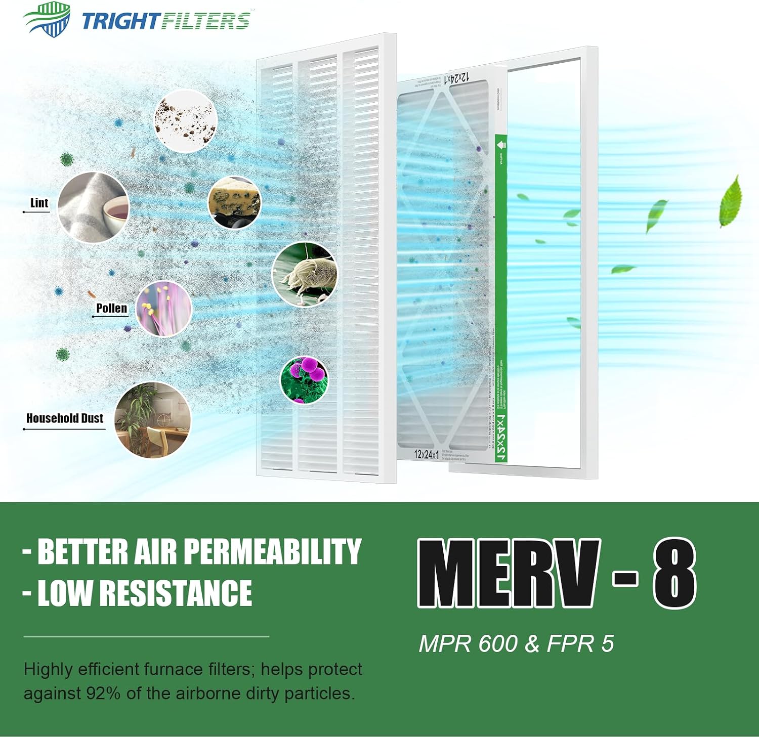 TRIGHTFILTERS 12x24x1 Air Filter 4 Pack, MERV 8 Pleated Dust Defense Air Filters Replacement Air Conditioner HVAC AC Furnace Filter, Durable and Lightweight