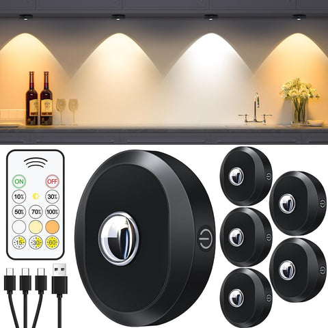 WILLED Puck Lights with Remote Control, Rechargeable Under Cabinet Lights, 1200mAh Battery Operated Tap Lights, Dimmable Push Lighting, Wireless Closet Light, LED USB Stick On Light (6 Pack)