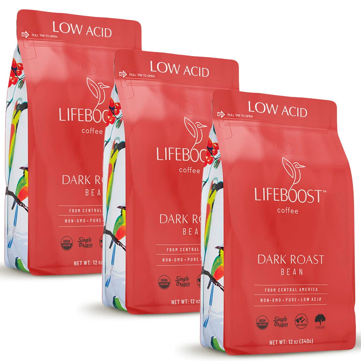 Lifeboost Dark Roast Low Acid Coffee Beans, Organic, 12oz, 3 Pack