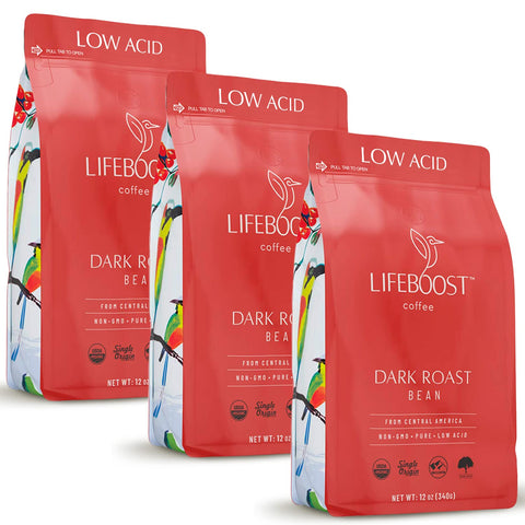 Lifeboost Dark Roast Low Acid Coffee Beans, Organic, 12oz, 3 Pack