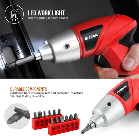 Hi-Spec 3.6V USB Small Power Screwdriver & Home DIY Tool Kit with Case, Red