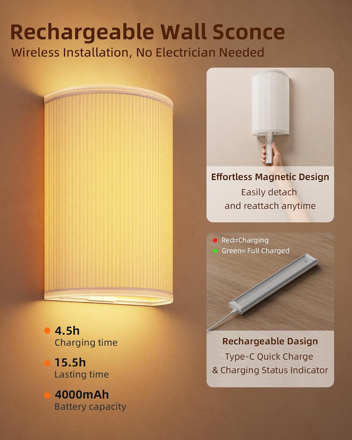 EZVALO Battery Operated Wall Sconce, Pleated Shades Wireless Wall Sconces Set of Two with Remote, 3 Color & 80 RGB Rechargeable Wall Lights, Dimmable, Timer, Wall Lamp for Bedroom (White 2Pack)