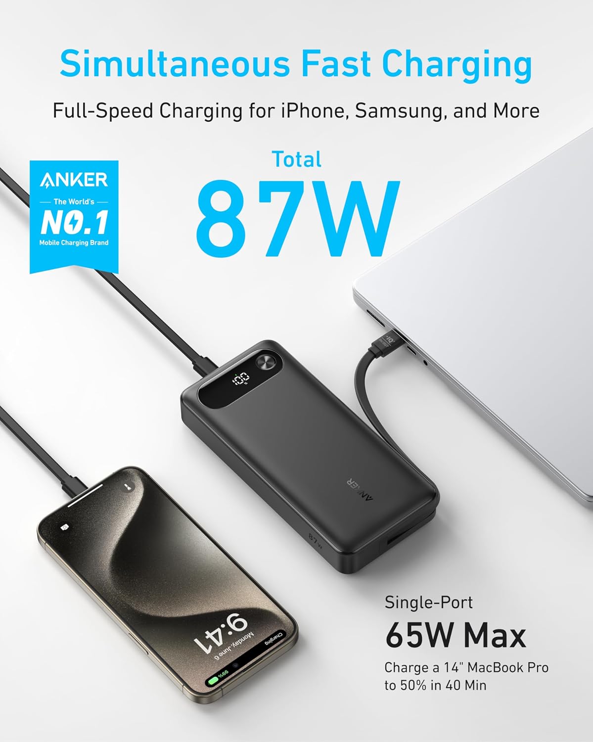 Anker Power Bank, 20,000mAh Travel Essential, Built-in USB-C Cable