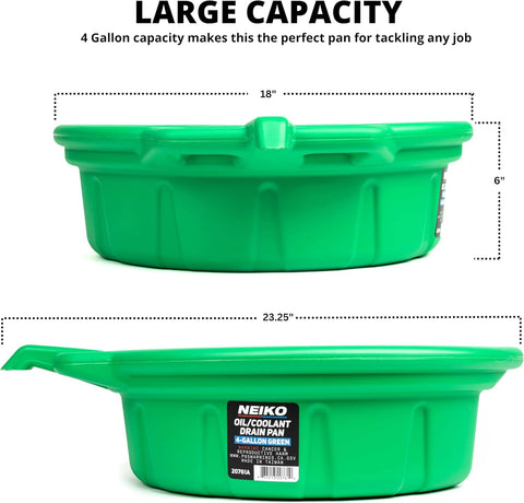 NEIKO 20761A 4 Gallon (16L) Anti-Splash Drain Container with Non-Spill Pour Spout, Heavy-Duty Plastic Drip Catcher for Vehicle Fluid Changes, Antifreeze Green