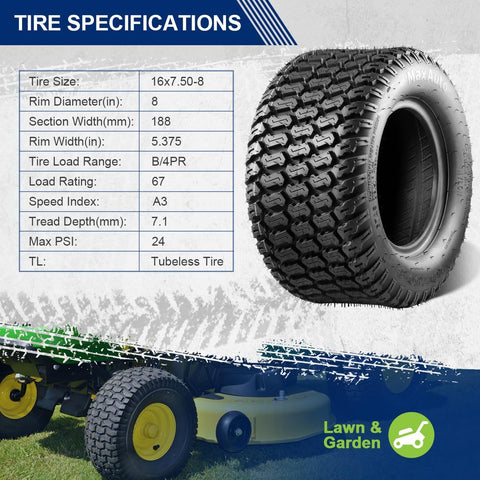 MaxAuto 16x7.50-8 16x7.5x8 Turf Saver Lawn Mower Tire 4PLY, Set of 2
