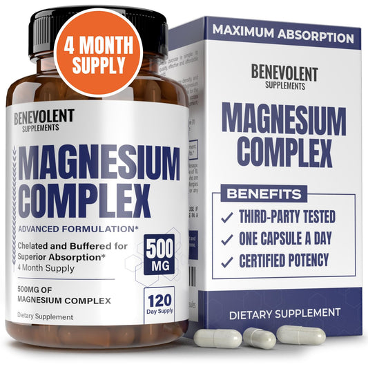 Magnesium Complex Supplement, 4 Month Supply of 500mg 5-in-1 Magnesium Glycinate, Oxide, Taurate, Chelate, Citrate, Max Absorption Magnesium Supplement for Calm, Sleep & Leg Cramps, 120 Capsules