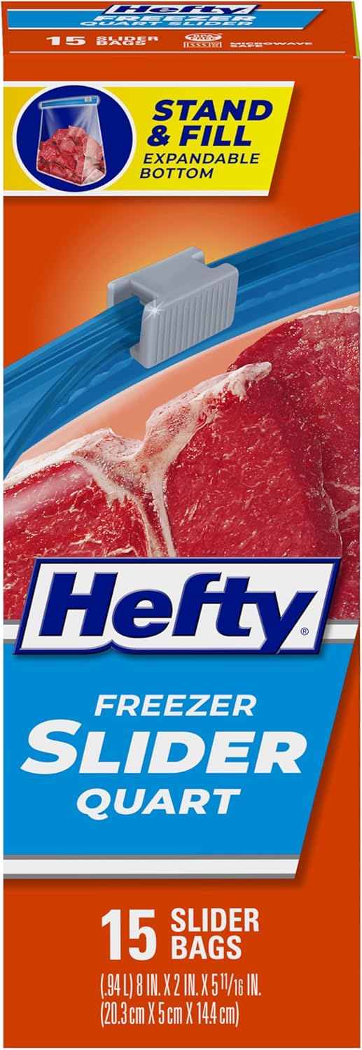 Hefty Slider Freezer Kitchen Storage Bags, Quart Size, 15 Count